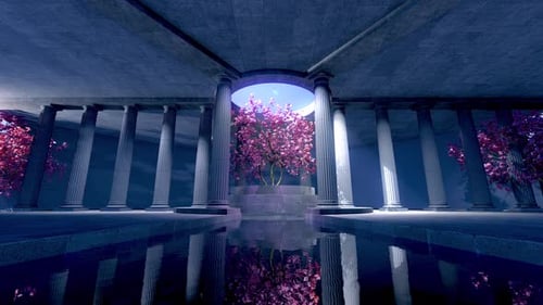 Architectural hall with sacred tree