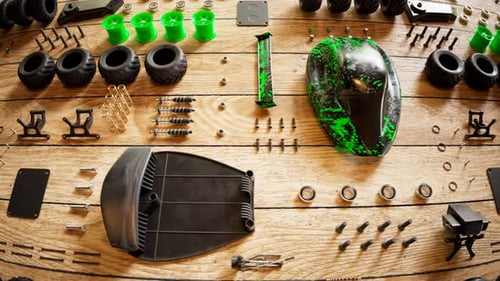 Plusieurs pièces de voiture RC organisées sur un plancher en bois pour un assemblage futur. 4KHD