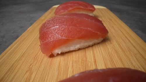 Close Up of Delicious Tuna Nigiri Sushi Pieces