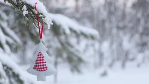Christmas Tree Ornament Hanging from Snowy Pine Branch