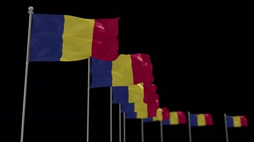 Waving Romania Flags Motion Graphic on Black Background