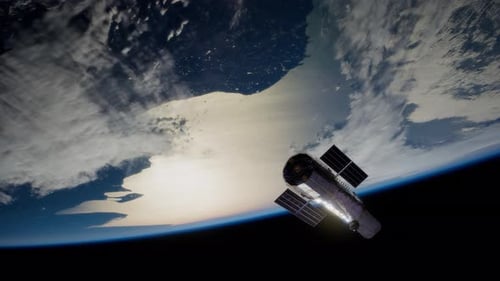 Hubble Telescope Orbiting Earth with Majestic Sun Flares