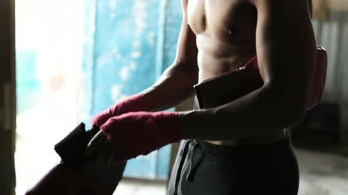 Boxer wearing boxing gloves in the gym