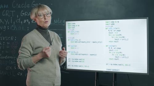 Porträt einer reifen Frau, die Online-Kurs unterrichtet und Softwareentwicklung erklärt und auf Digital hinweist