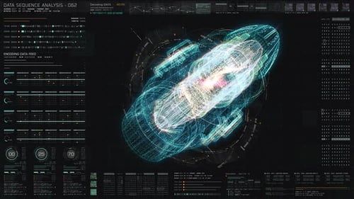 Futuristic HUD Display Analyzing a Wireframe Engine Hologram