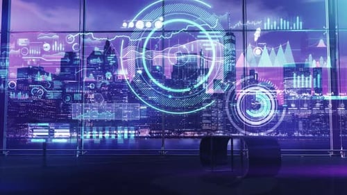 Infographics With Stock Charts Against Night Metropolis Background 4K