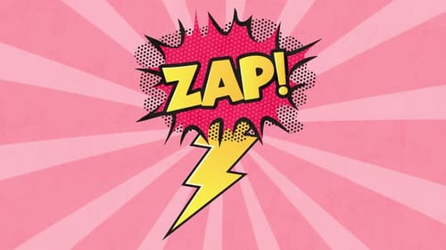 Animation einer Cartoon-Blase mit ZAP in Gelb auf einem rosa gestreiften Hintergrund