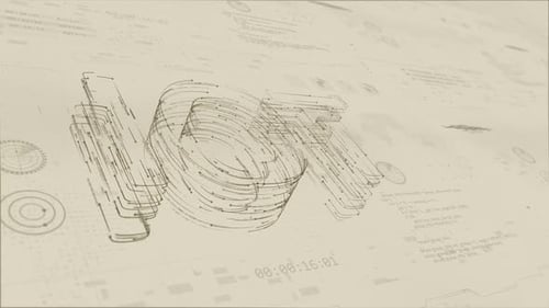 Brown particle IOT logo with head up display and futuristic technology on old paper background