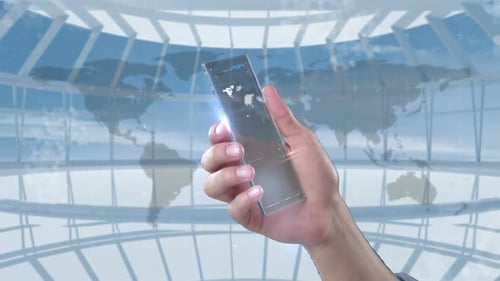 Hand Using Futuristic Transparent Smart Phone Technology