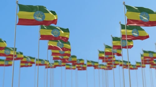 Waving Ethiopian Flags in Realistic Animation Against Blue Sky