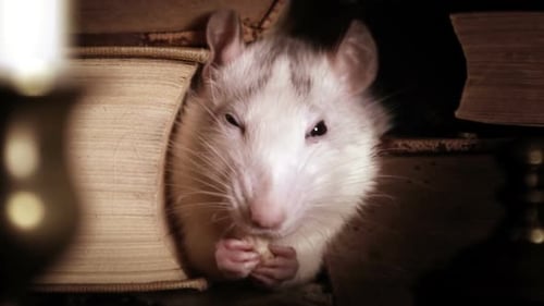 Rat Eating Between Old Books in Dim Light