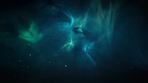 Abstract Nebula in Space with Green and Teal Clouds