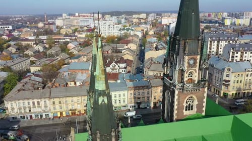 Aerial Video of Saint Olga and Elizaveta Church in Central Part of Old City of Lviv, Ukraine