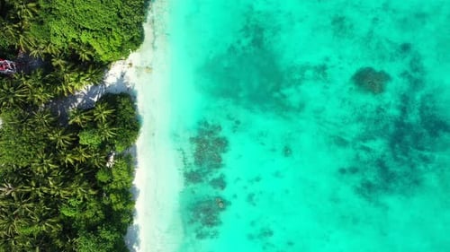 Daytime fly over abstract view of a summer white paradise sand beach and aqua turquoise water