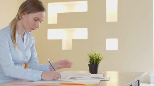 Woman Works at Desk Indoors