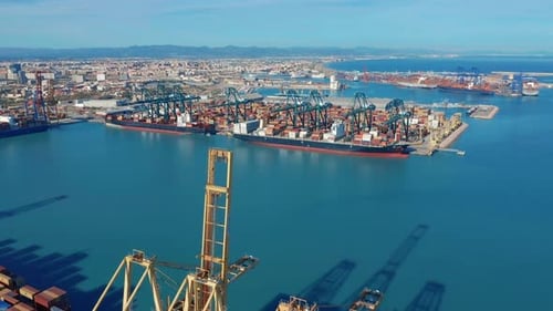 Aerial View. International Port with Crane Loading Containers in Import Export Business Logistics