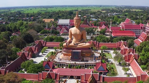 Aerial View of Wat Pikul Thong Phra Aram Luang or Wat Luang Por Pae Temple with Giant Buddha in Sing