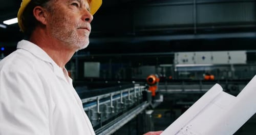 Engineer Reviews Blueprints in Modern Factory