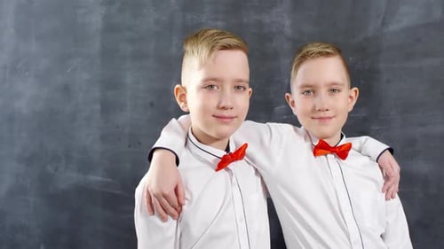 Caucasian Twin Brothers Posing for School Yearbook