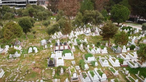 Aerial view of islamic grave cemetery. Ancient Muslim graveyard with monuments.