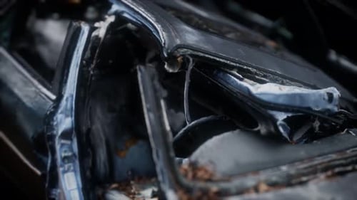 Close-up View of a Heavily Burnt and Damaged Car Wreck