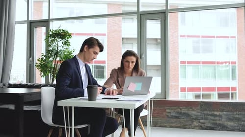 Beautiful young woman working in office with her colleague