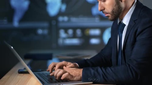 Focused Fashion Business Man Working Browsing Internet Laptop Hi Tech Innovation Office Workplace