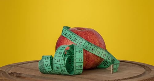 Red Apple Wrapped in Green Measuring Tape