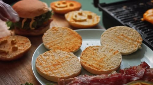 Toasted Burger Buns with Ingredients for Making Hamburger