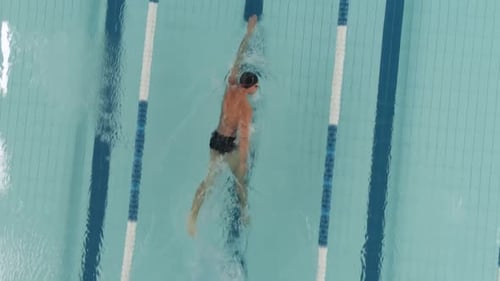 Young Athletic Man Swimmer Swims in the Pool Man Swimming and Training in the Water View From a