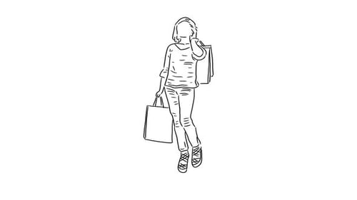 Animated Line Art Woman Walking With Shopping Bags Loop