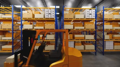 3D rendering.Warehouse with cardboard boxes inside on pallets racks.
