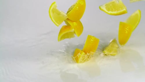 Lemon Wedges Splashing into Water
