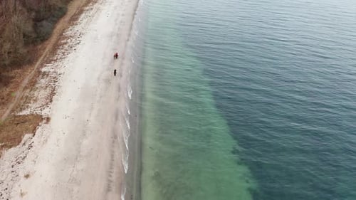 People Walk on Quiet Beach by Ocean