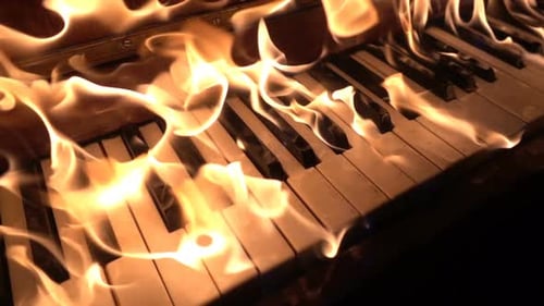 Piano Keys Engulfed in Flames, Dramatic Mid Shot