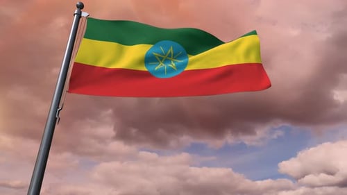 Ethiopian Flag Waving in Realistic Cloudy Sky Loop