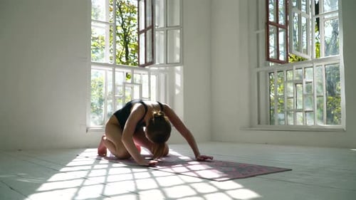 Skills Healthy Red-haired Caucasian Woman Practicing Yoga on the Mat in the White Large Room
