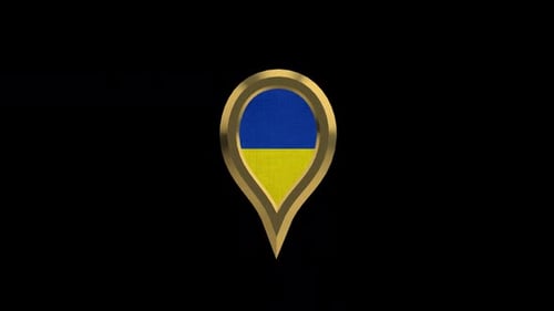 Golden 3D Map Pin With Ukraine Flag Rotating