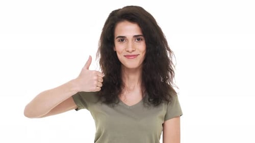 Woman Giving Thumbs Up on White Background