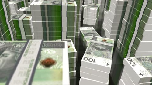 Vol en 3D au-dessus de la boucle de paquets de billets en zloty polonais