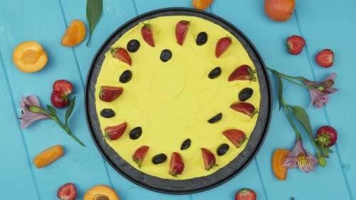 Overhead Shot of Round Fruit Dessert on Table