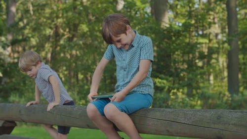 Two Kids with One Tablet Computer Outside in Summer park