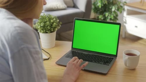 Closeup On the Hands of the Female Specialist Works on a Laptop Computer with Mockup Green Screen