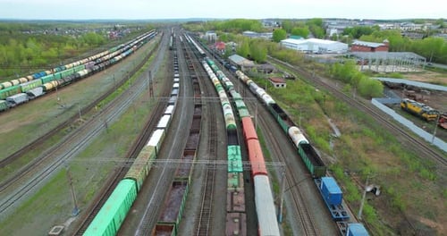 Aerial View of Large Railway Yard With Trains