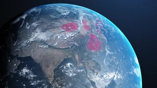 Animation de la planète Terre qui tourne et des pays qui deviennent rouges à travers des cercles