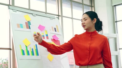 Woman Presents Business Data with Charts in Office