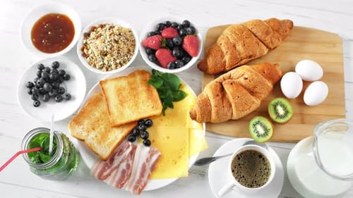 Serving White Wooden Table Full Fresh Tasty Morning Healthy Breakfast Food Top View