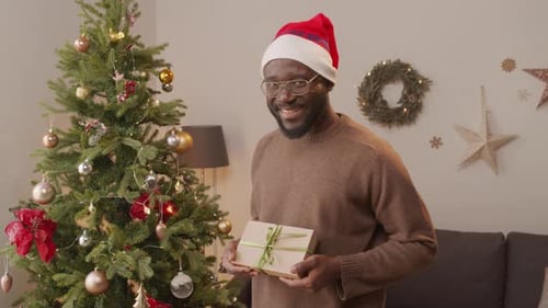 Smiling Man Holding Christmas Gift by Decorated Tree