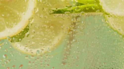 Lemon and Lime Cocktail Cooking Cold Lemonade Citrus Fruits in Water on Green Background Shooting of