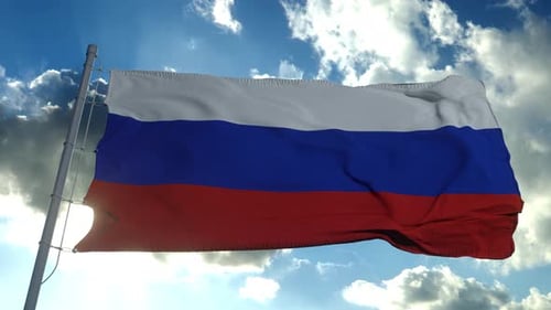 Realistic Russian Flag Waving Against Cloudy Sky